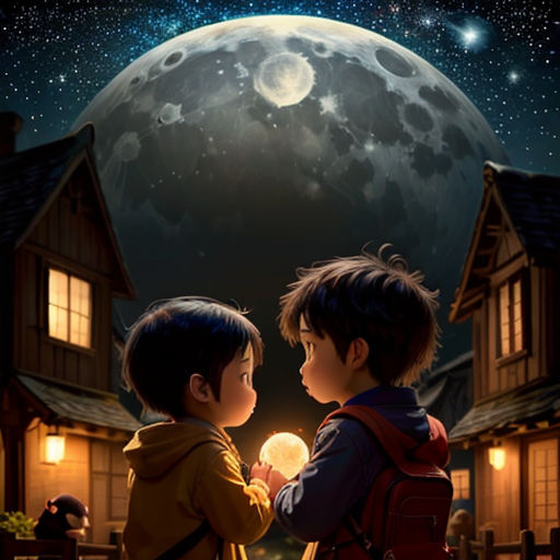 two children looking at the moon in the night sky with a house in the background and a full moon in the sky