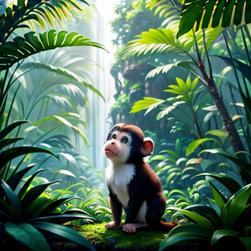 a monkey sitting in the middle of a jungle with a waterfall in the background and a forest of trees