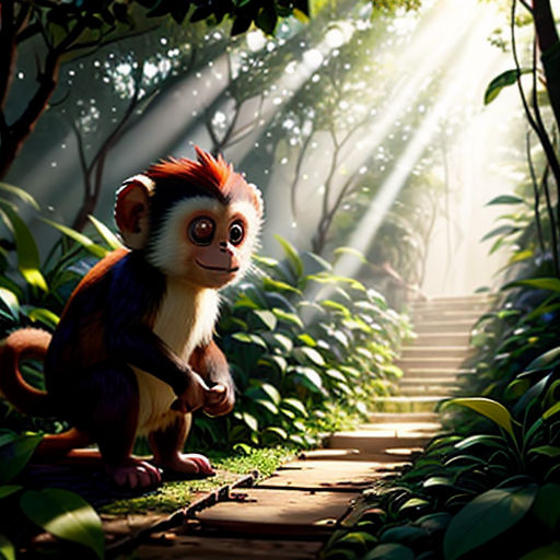 a monkey is walking through a jungle with bright light coming from behind it and a path leading to the bottom