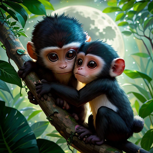 two monkeys sitting on a branch in a tree with a full moon in the background and a full moon in the sky