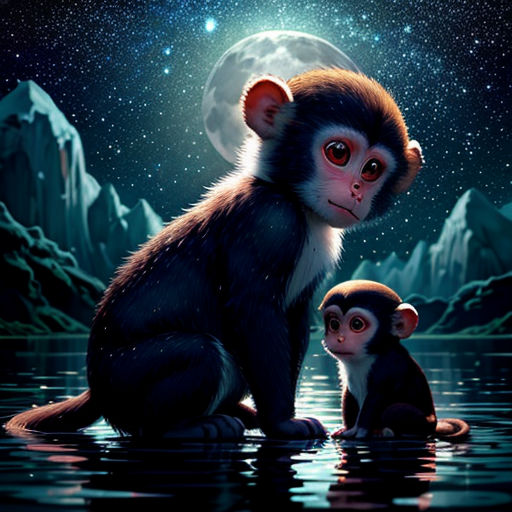 a monkey and a monkey sitting in the water at night with the moon in the background and stars in the sky