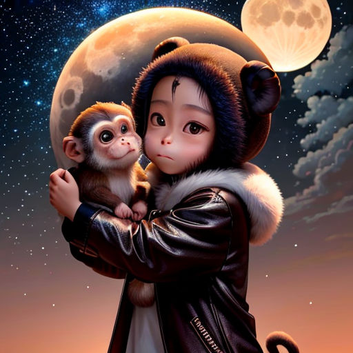 a monkey and a girl are hugging under the moon and stars in the sky, with a full moon behind them