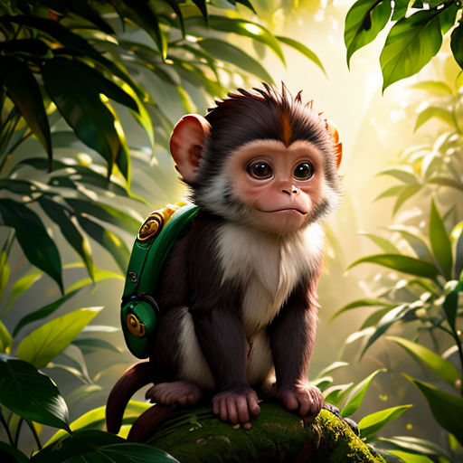 a monkey with a backpack on a tree branch in the jungle with leaves and sunlight shining through the trees