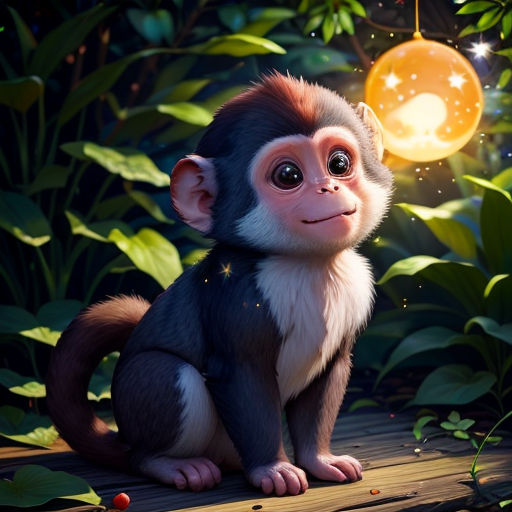 a monkey sitting on a wooden floor in the jungle with a full moon in the background and stars in the sky