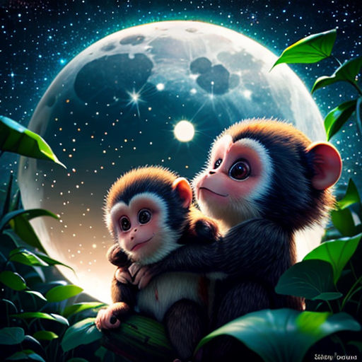 two monkeys sitting on a tree branch in front of a full moon and stars filled sky with stars and a full moon behind them