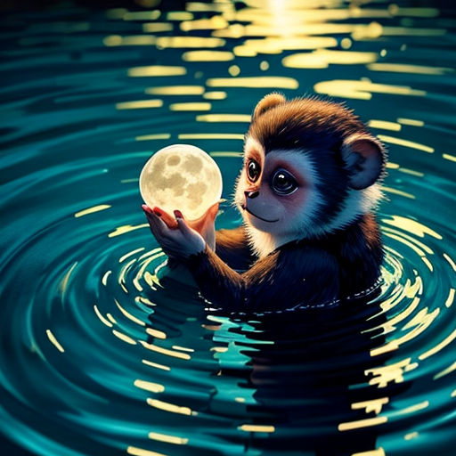 a monkey holding a ball in the water with a full moon in the background and a full moon in the foreground