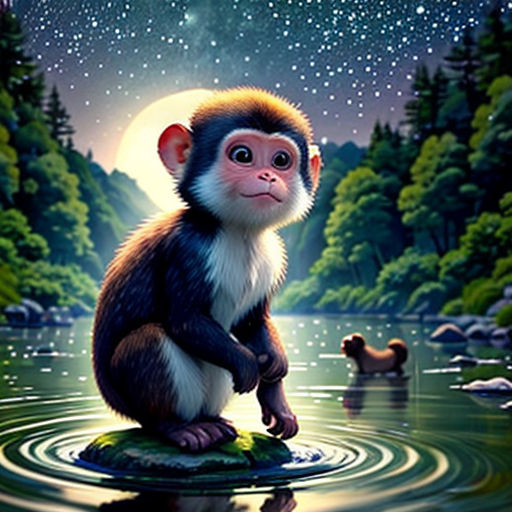 a monkey sitting on top of a rock in the water with a moon in the background and stars in the sky