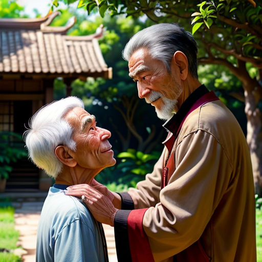 a man is helping an older man to put his hand on his shoulder in a garden area with a tree