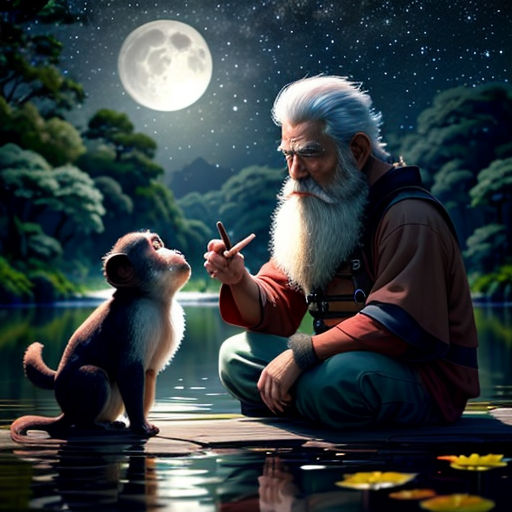 a man with a beard and a beard sitting next to a monkey on a dock at night with the moon in the sky