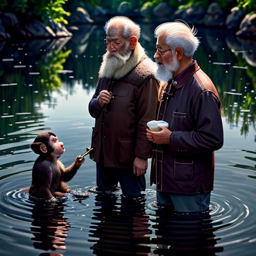 two men and a monkey in the water with a cup of coffee in their hands and a monkey in the water