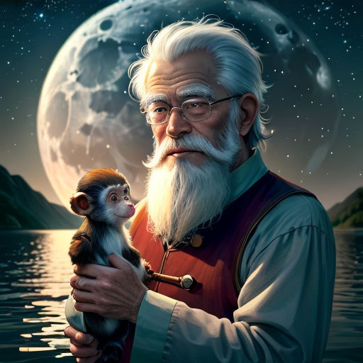 a man holding a monkey in his arms in front of a full moon and water with a full moon in the background