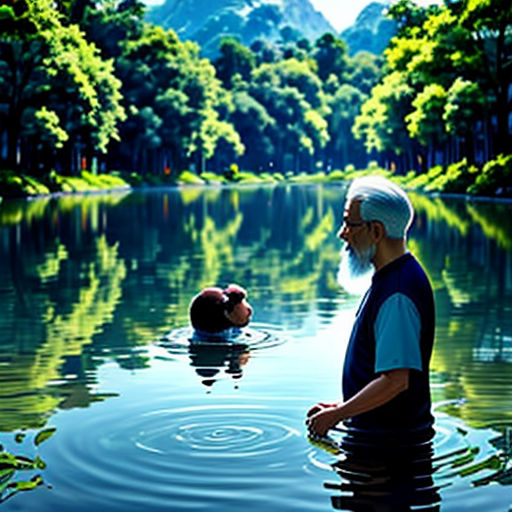 a man standing in the water with a man in the water in front of him and trees in the background