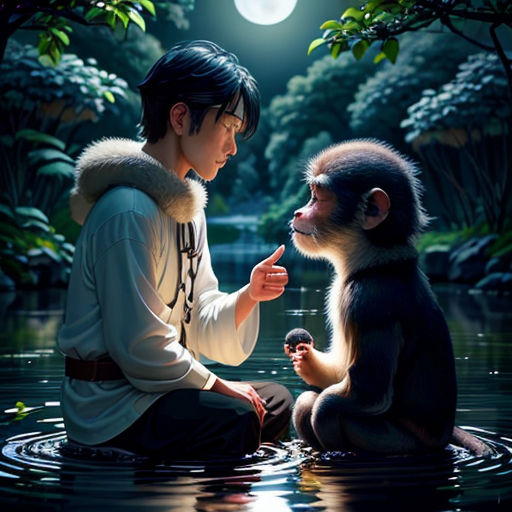 a monkey and a man in the water with a bird in their hand and a full moon in the background