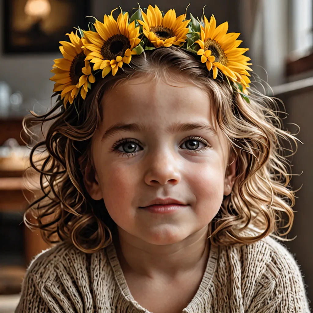 a little girl with a sunflower crown on her head looking at the camera with a smile on her face, art photography, a stock photo, artist, portrait photography