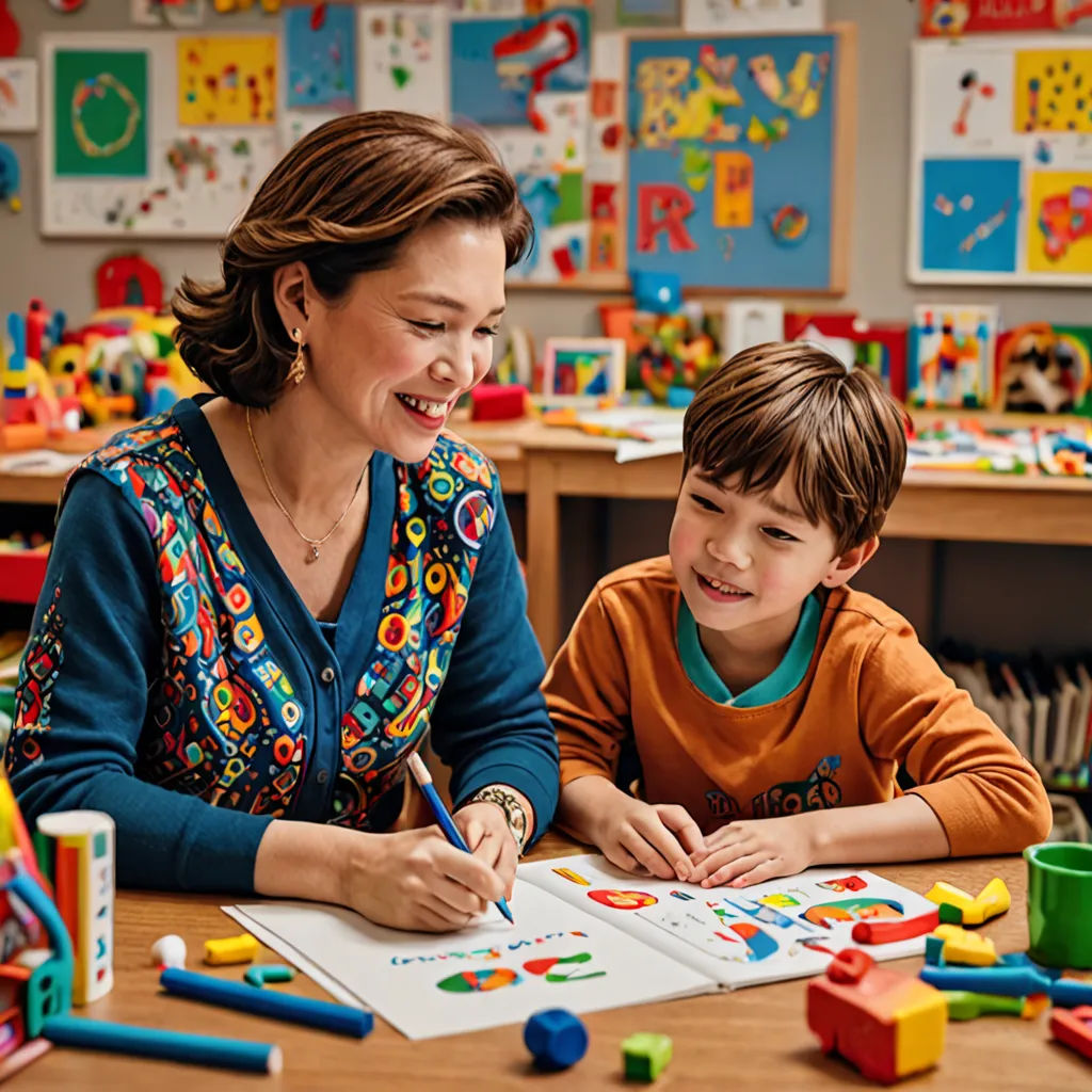 a woman and a boy are sitting at a table with a book and pencils in front of them, art & language, a stock photo, Art & Language, promotional image