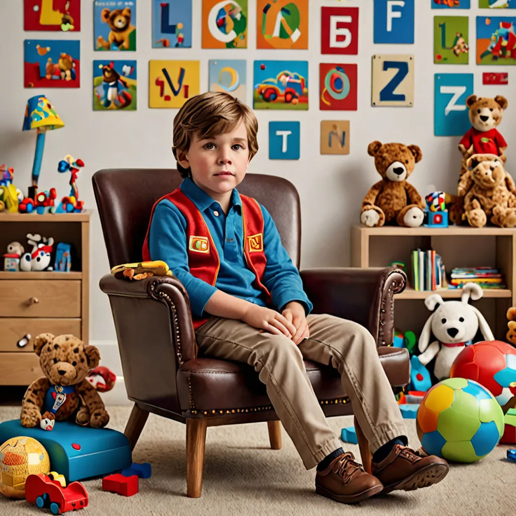 a young boy sitting in a chair surrounded by toys and letters on the wall of a child's room, maximalism, a character portrait, Evan Charlton, promotional image