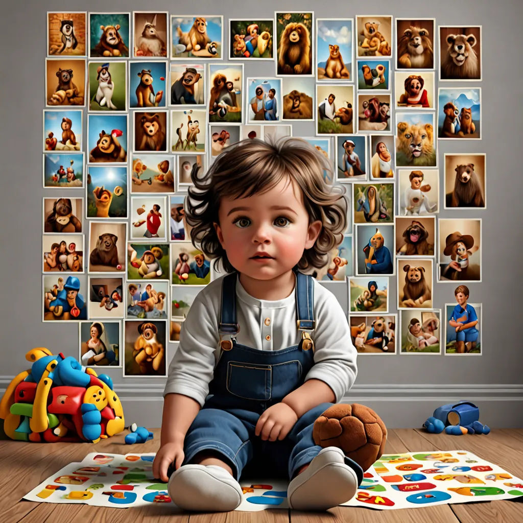 a child sitting on the floor with a teddy bear and a wall of pictures behind it that have bears on them, photorealism, a photorealistic painting, Chris LaBrooy, highly detailed digital painting