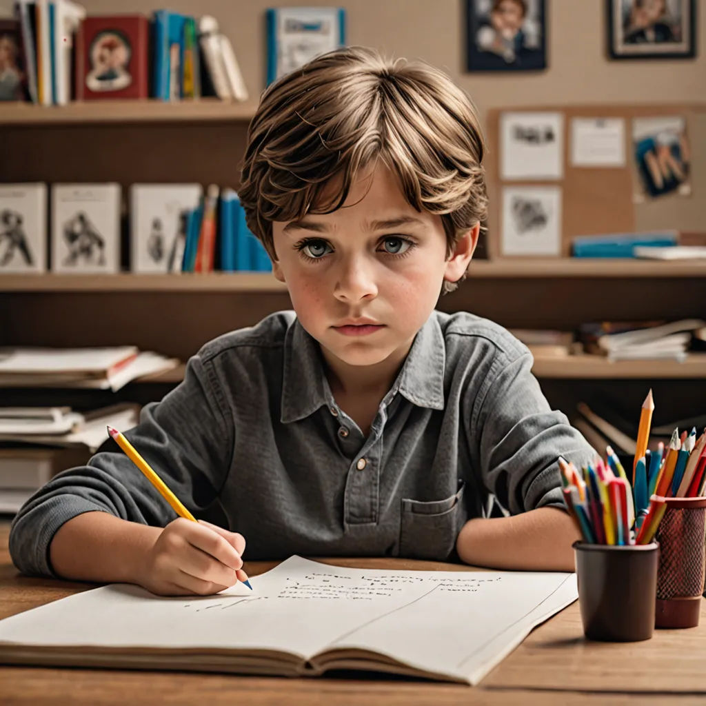 a young boy sitting at a desk with a book and pencils in front of him and a cup of pens in front of him, hyperrealism, a child's drawing, Emiliano Ponzi, promotional image