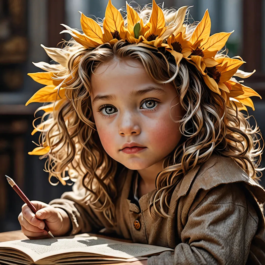 a little girl with a sunflower crown on her head sitting at a table with a book and pen, art photography, a child's drawing, artist, award - winning photography
