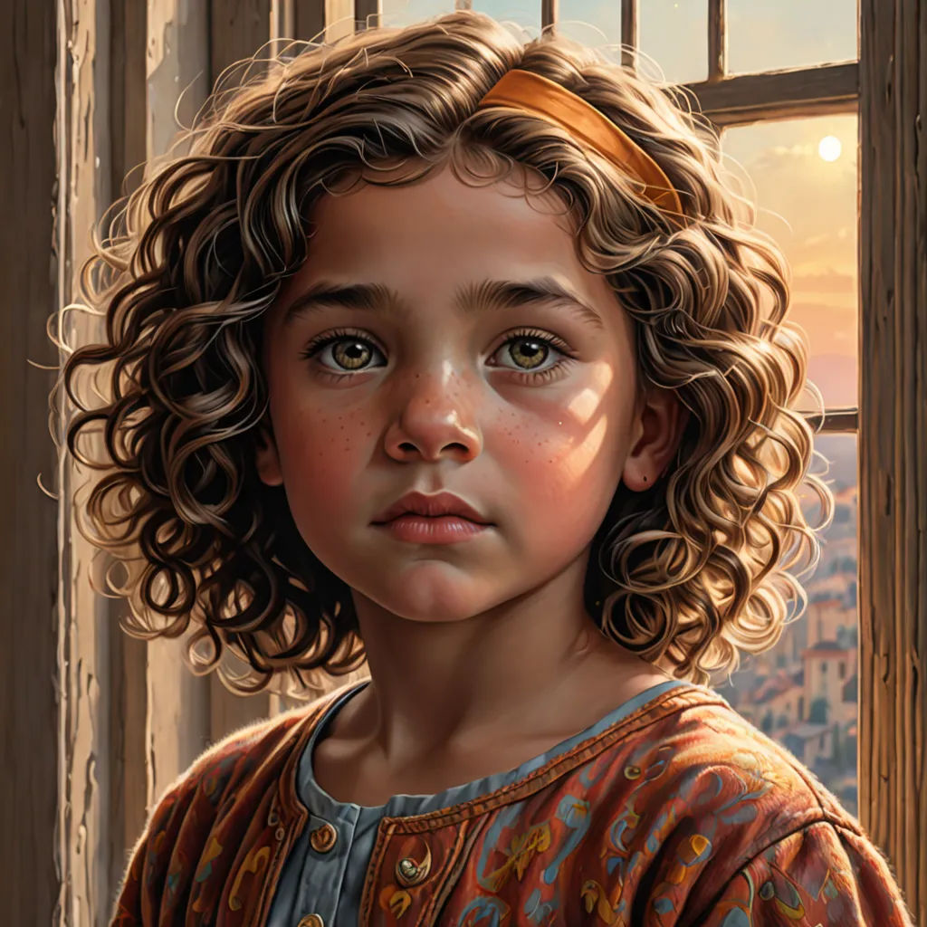 a painting of a little girl looking out a window at the city outside of a building with a sun shining through the window, photorealism, a detailed painting, Donato Giancola, highly detailed digital painting