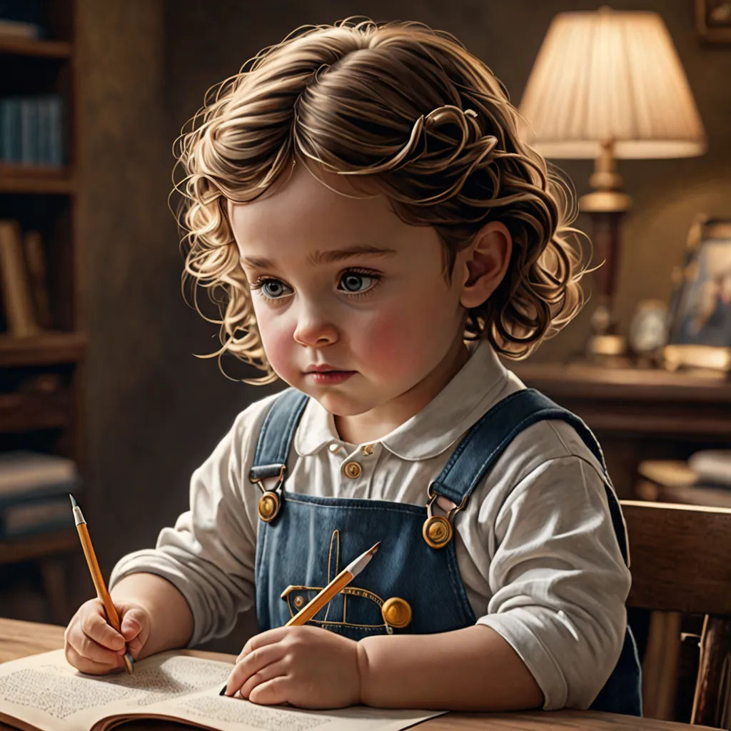a little girl sitting at a table with a book and pen in her hand and a book in front of her, photorealism, a photorealistic painting, Bob Byerley, highly detailed digital painting
