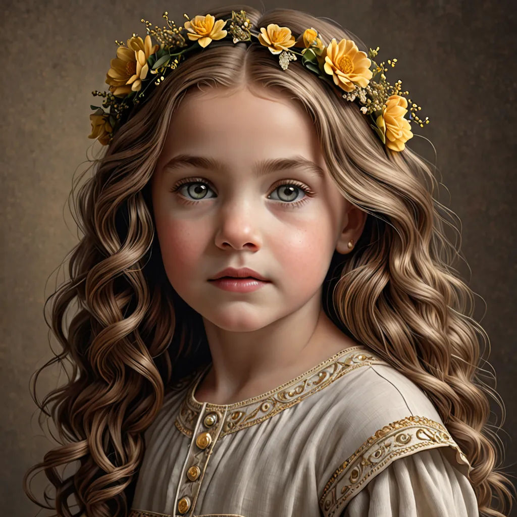 a painting of a little girl with flowers in her hair and a crown of flowers on her head,, photorealism, a photorealistic painting, Brad Kunkle, highly detailed digital painting