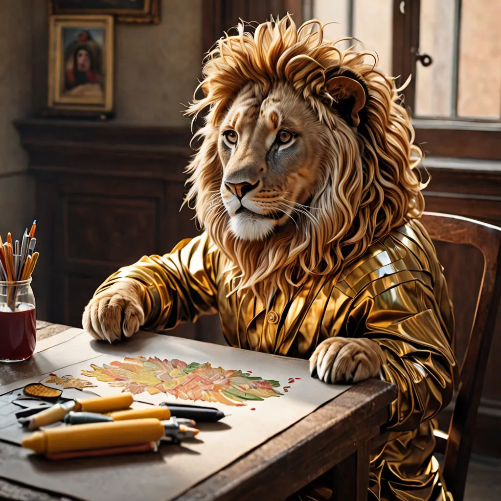 a lion statue sitting at a table with a paintbrush and a paintbrush in front of it and a cup of pens and a pencil, furry art, a hyperrealistic painting, Chris LaBrooy, highly detailed digital art