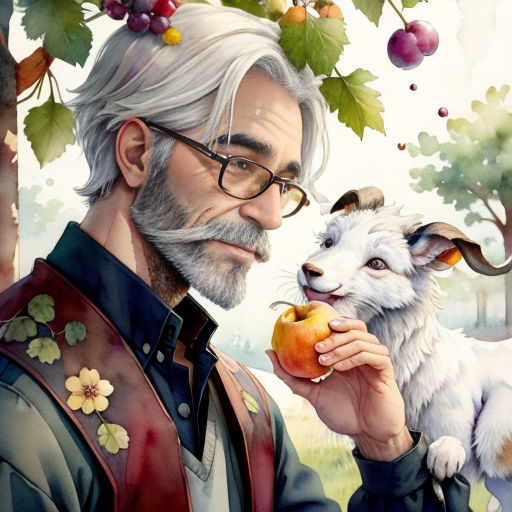 a man with a goat and an apple in his hand and a dog in his lap looking at him