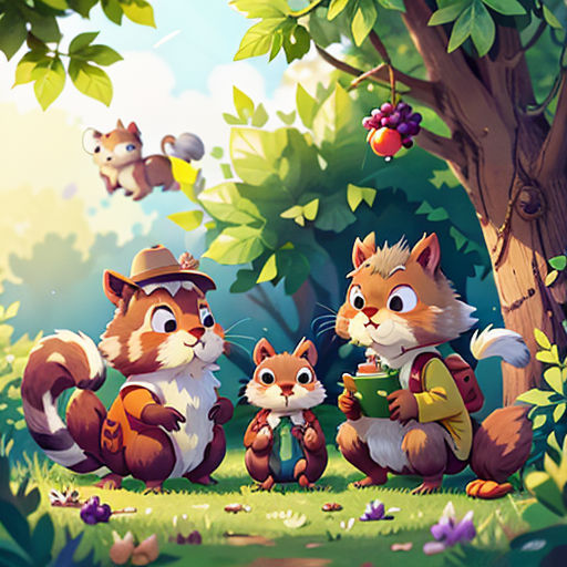 a painting of a squirrel family in the woods with a squirrel holding a cup of coffee and a squirrel holding a squirrel