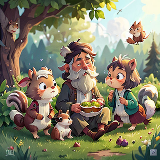a group of animals sitting next to each other in a forest with a man holding a bowl of food