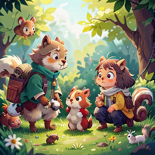 a group of animals standing in the middle of a forest with a person holding a backpack and a squirrel