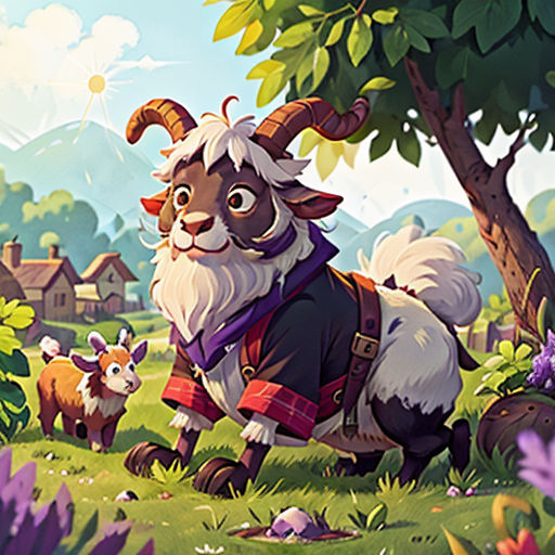 a cartoon character with a goat and a dog in a field of flowers and trees, with a mountain in the background