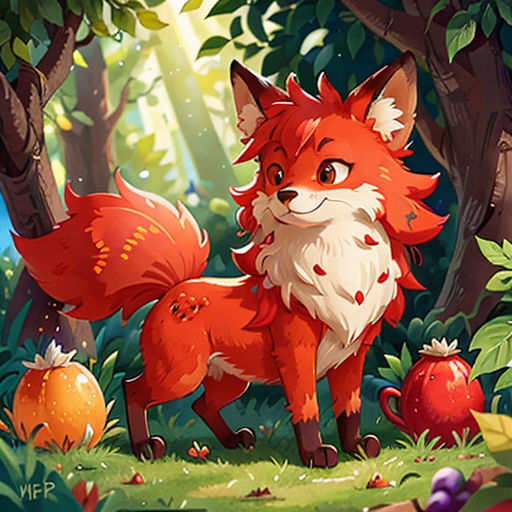 a fox and a fox cub in the woods by a tree with leaves and berries on it, with a bird flying above