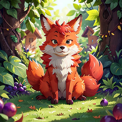 a fox sitting in the middle of a forest with trees and bushes around it, looking at the camera