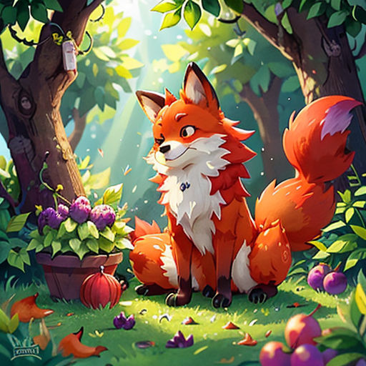 a fox sitting in the middle of a forest with a basket of fruit on it's side and a bird flying above