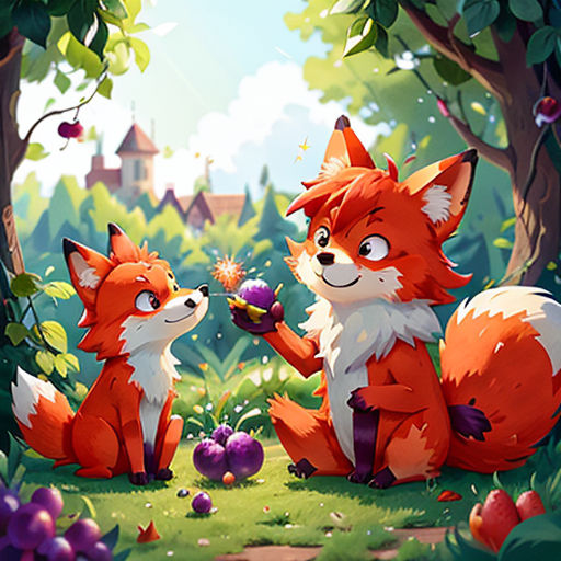 two foxes in the forest playing with a ball of fruit and flowers, with a castle in the background
