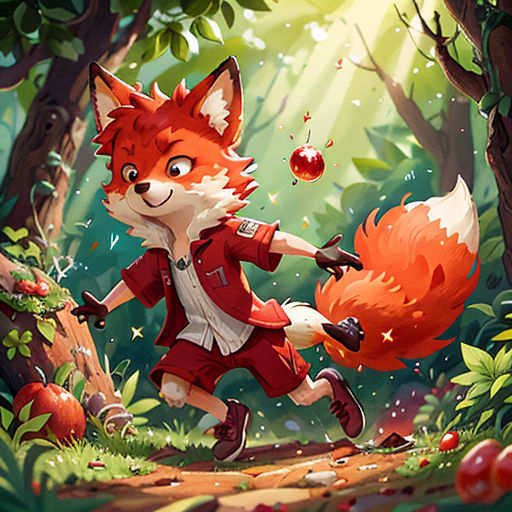 a fox is running through a forest with an apple in its mouth and a red jacket on, and a red apple in its mouth