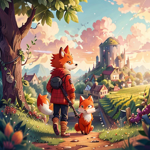 a person walking a dog down a path in a forest with a castle in the background and a fox on the other side