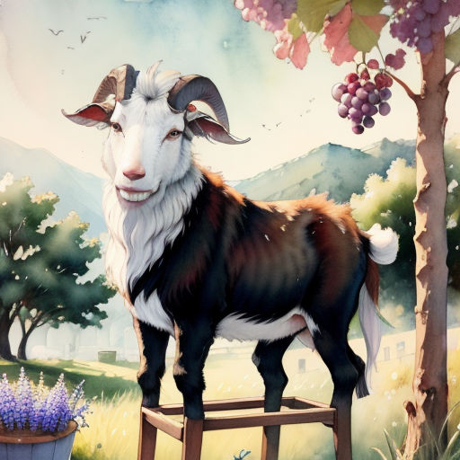 a goat standing on a wooden fence in a field with flowers and trees in the background, with a painting of a mountain behind it