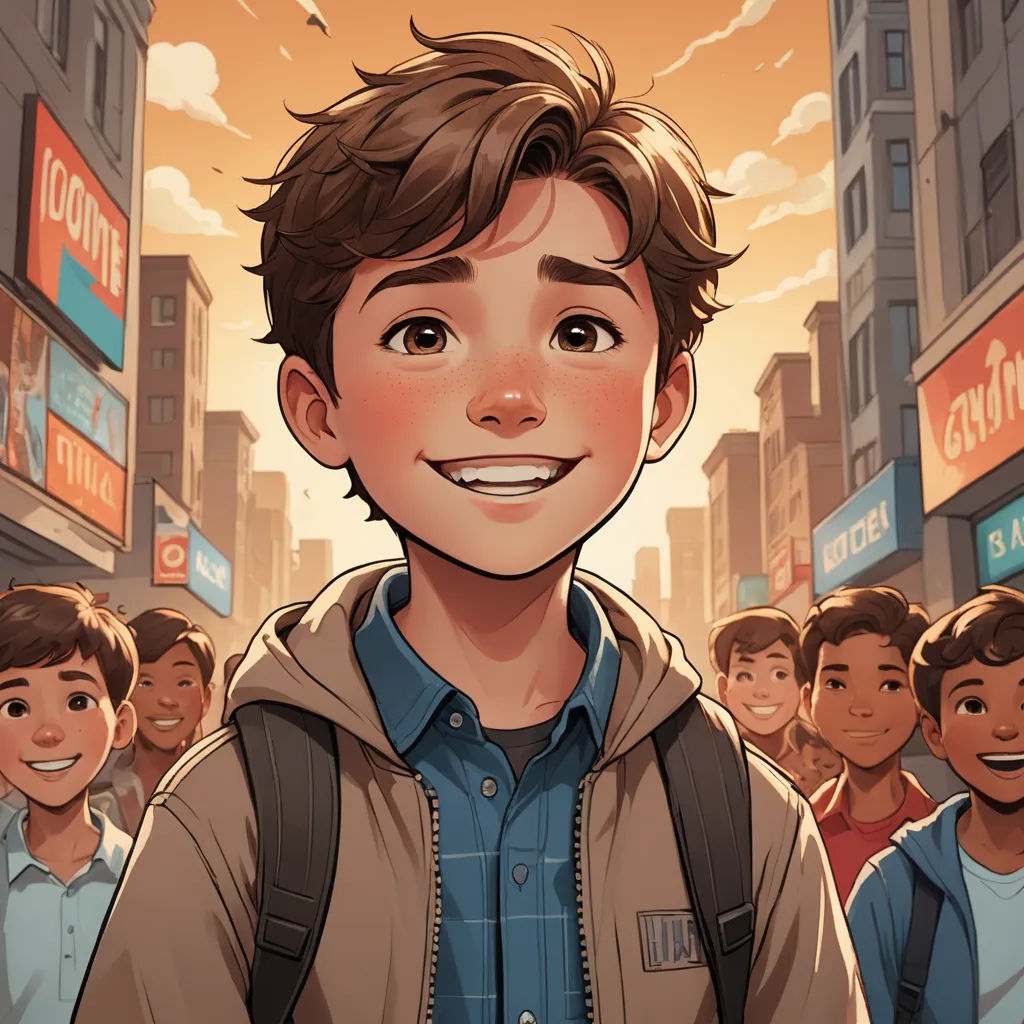 a boy with a backpack standing in front of a crowd of people in a city with buildings and signs, rayonism, a comic book panel, Alejandro Burdisio, rossdraws global illumination