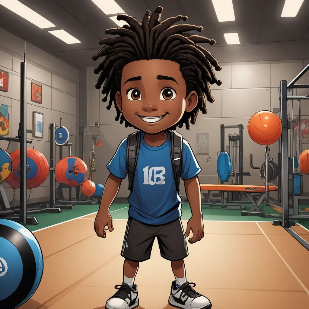 a cartoon boy with dreadlocks standing in a gym with a ball in the foreground and a weight rack in the background, northwest school, concept art, Everett Warner, official art