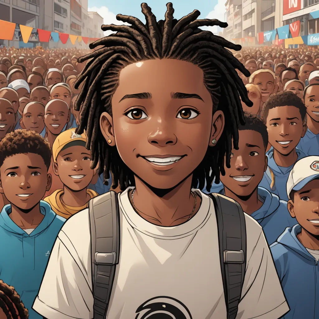 a cartoon of a boy with dreadlocks standing in front of a crowd of people in a city, harlem renaissance, a comic book panel, Altichiero, graphic novel