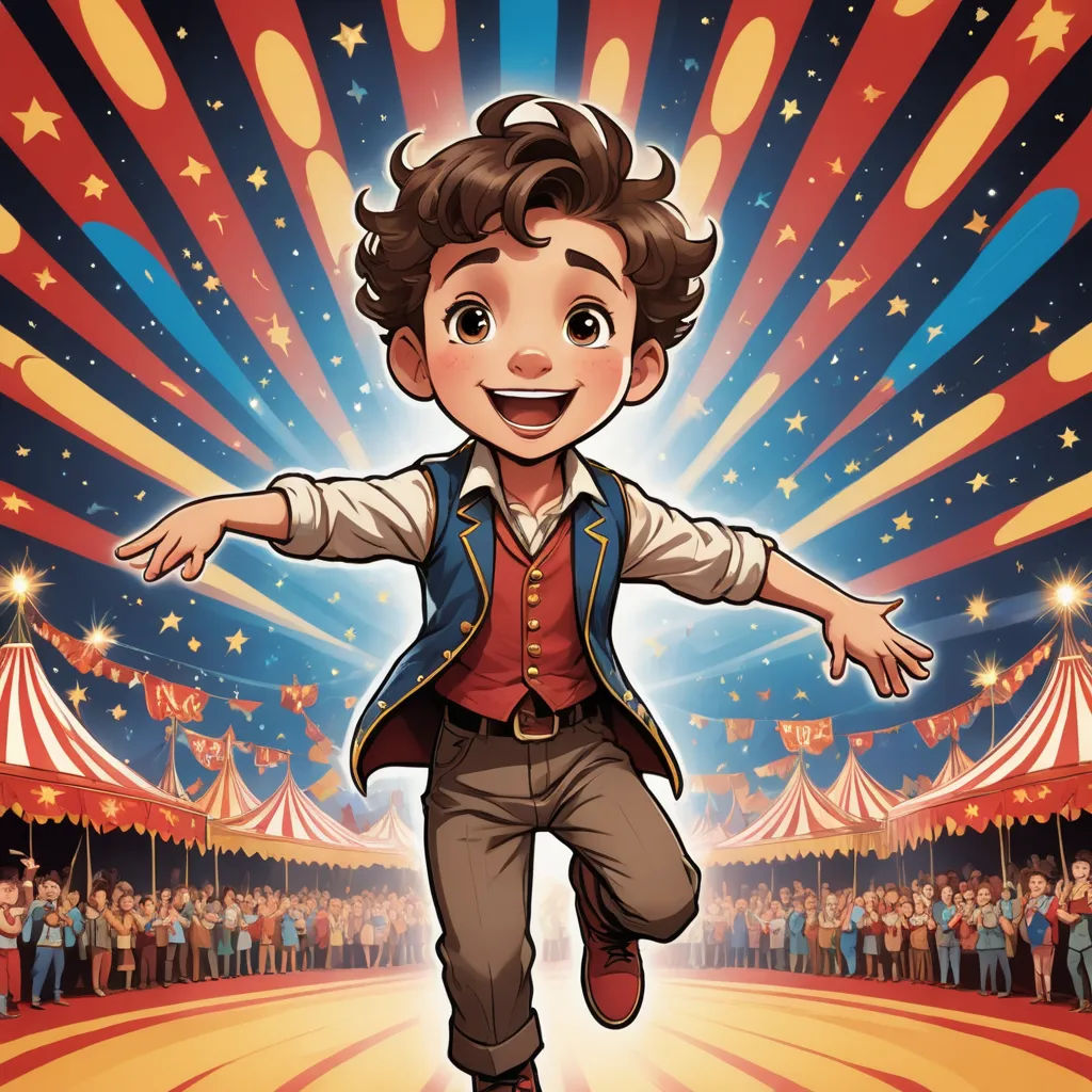 a boy is dancing in front of a circus tent with a crowd of people watching him on the other side, magic realism, a storybook illustration, Anson Maddocks, official art