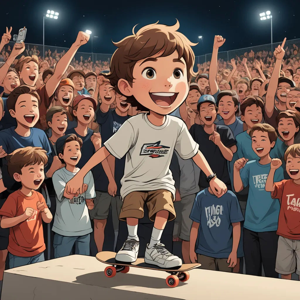 a boy on a skateboard in front of a crowd of people at a concert or concert hall with his hands up in the air, toyism, a storybook illustration, Cliff Childs, animated