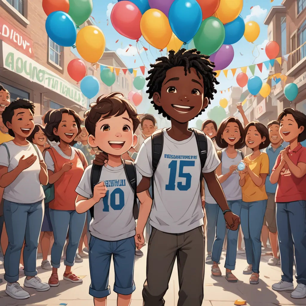 a boy standing in front of a crowd of people with balloons in the air above him and a bunch of balloons in the air, magical realism, a storybook illustration, Chris LaBrooy, official art