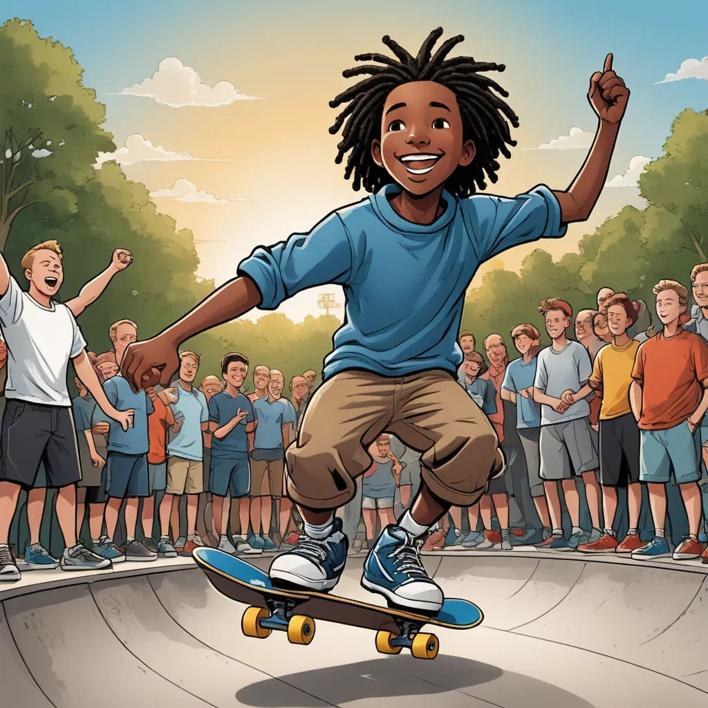 a cartoon of a boy on a skateboard in front of a crowd of people with arms in the air, underground comix, a storybook illustration, Cliff Childs, storybook illustration