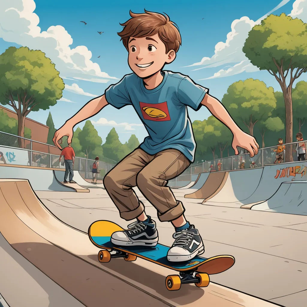 a boy riding a skateboard on a skate park ramp with people watching from the stands behind him and a skateboarder in the foreground, superflat, a comic book panel, Cliff Childs, comic cover art