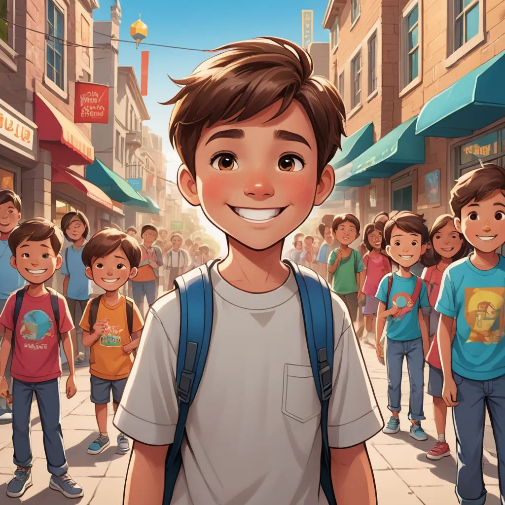 a boy with a backpack standing in front of a crowd of people on a city street with buildings and stores, magical realism, a storybook illustration, Amir Zand, rossdraws global illumination