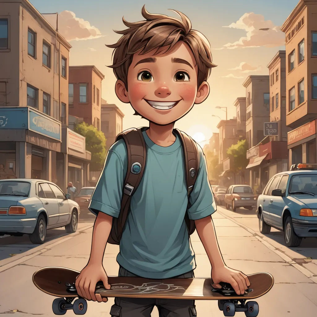 a boy with a backpack and a skateboard on a city street at sunset or dawn, with a car in the background, photorealism, a character portrait, Cliff Childs, kinkade