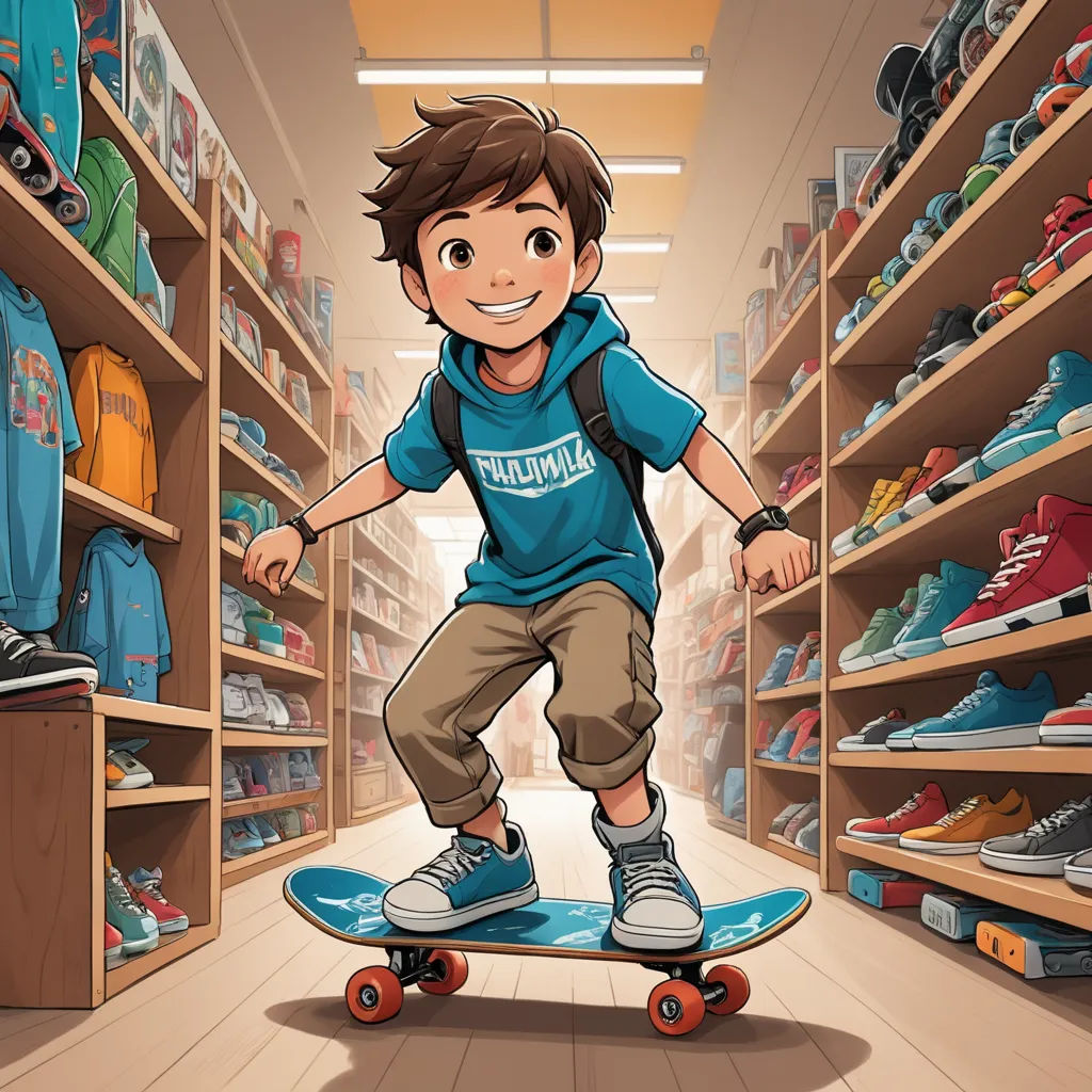a boy riding a skateboard in a store filled with shoes and shoeshelves and shelves of shoes, photorealism, a storybook illustration, Cliff Childs, rossdraws global illumination